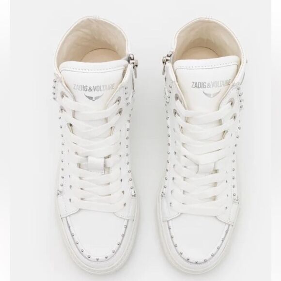 NIB Zadig & Voltaire high flash smooth high top sneakers silver studs 41 - Picture 2 of 12